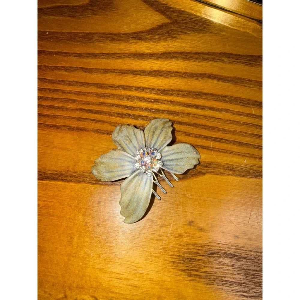 Vintage Style Sage Green Iridescent Flower Hair Comb AB Rhinestone Crystal 2.75